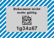 Amtliches Muster: geöffnetes Feld mit siebenstelligem Sicherheitscode unter dem QR-Code und blau-weißem Ungültigkeitsmuster.